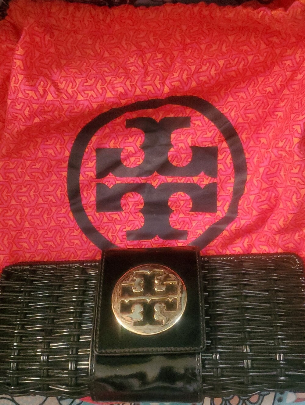 Tory Burch Black Woven Patent Leather Clutch with Gold Logo Medallion